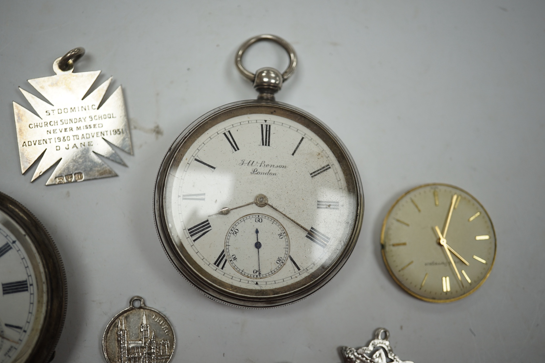 A gentleman's stainless steel Omega Seamaster manual with wrist watch, case diameter 35mm, on associated bracelet, together with three assorted pocket watches, a Girard Perregaux wrist watch movement and assorted silver